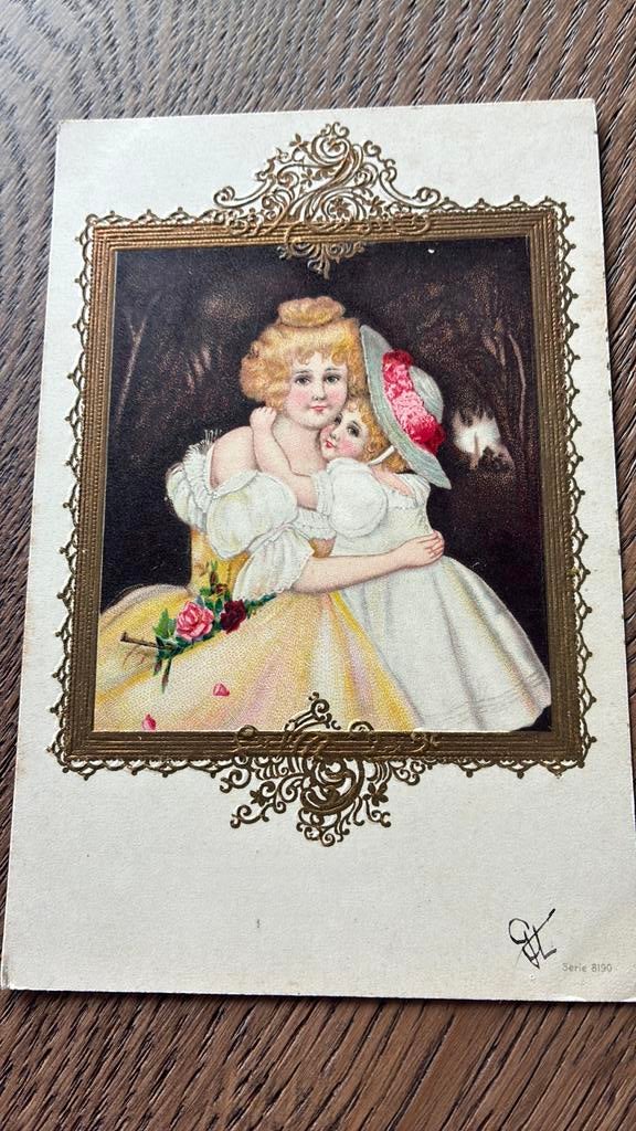 Mooi antieke portretkaart. Moeder met kind,  opdruk goud., Ophalen of Verzenden, Voor 1920, Kinderen