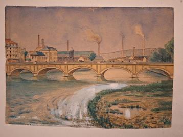 Aquarel Maastricht met brug bij Maas beschikbaar voor biedingen