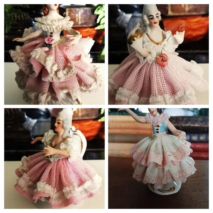 Porselein beeldjes Dresden merk danseres ballerina met kant, Antiek en Kunst, Curiosa en Brocante, Ophalen of Verzenden