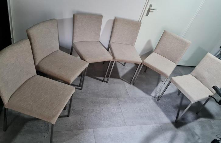 6 Eetkamerstoelen Taupe/Beige - Nieuw Bekleed, Huis en Inrichting, Stoelen, Zo goed als nieuw, Vijf, Zes of meer stoelen, Metaal
