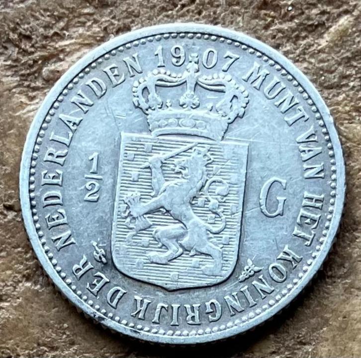 halve gulden 1907 Wilhelmina, Postzegels en Munten, Munten | Nederland, Losse munt, ½ gulden, Koningin Wilhelmina, Zilver, Ophalen