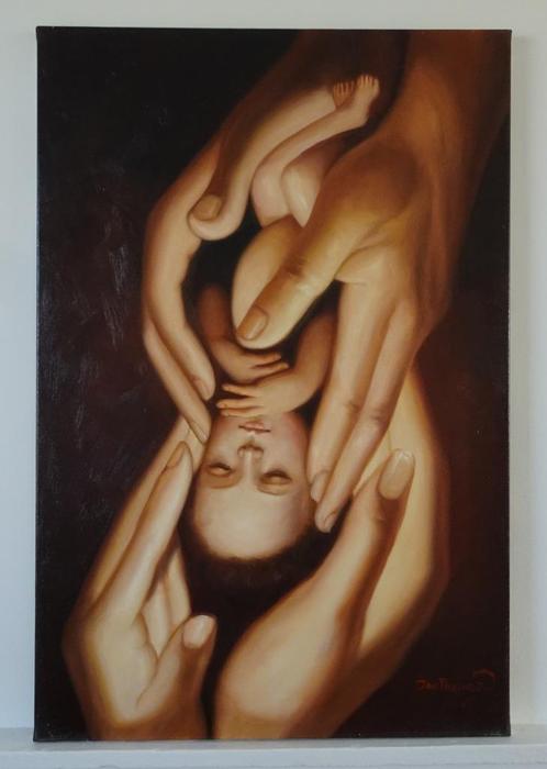 Klassiek Schilderij van Baby in Handen, Acrylverf op Doek, Antiek en Kunst, Kunst | Schilderijen | Klassiek, Ophalen