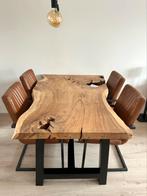 Ars Longa boomstamtafel suar hout met vier cognac stoelen, Ophalen, 100 tot 150 cm, Vijf personen of meer, Rechthoekig