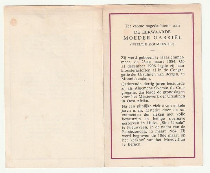 Moeder Gabriël Koemeester Haarlemmermeer Nieuwveen Bergen, Verzamelen, Bidprentjes en Rouwkaarten, Bidprentje, Verzenden