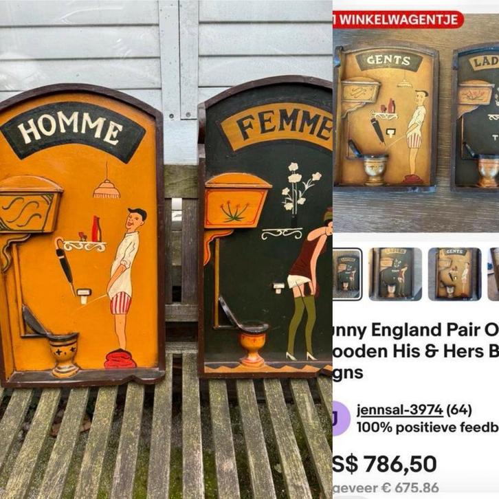 2 oude houten 3d borden voor  op wc deuren cafe / restaurant, Antiek en Kunst, Curiosa en Brocante, Ophalen of Verzenden