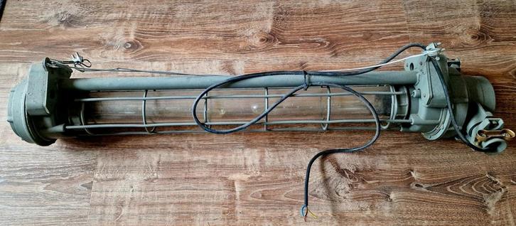 Oude Mijnlamp (tube lamp) - Industriële Lamp, Huis en Inrichting, Lampen | Hanglampen, Gebruikt, Glas, Metaal, Ophalen