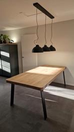 Massief Houten Eettafel met Stalen Poten, Ophalen, 100 tot 150 cm, 200 cm of meer, Zo goed als nieuw