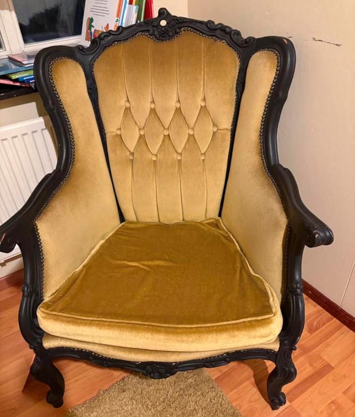 Barokstoel zwart met okergele bekleding, Antiek en Kunst, Antiek | Meubels | Stoelen en Banken, Ophalen