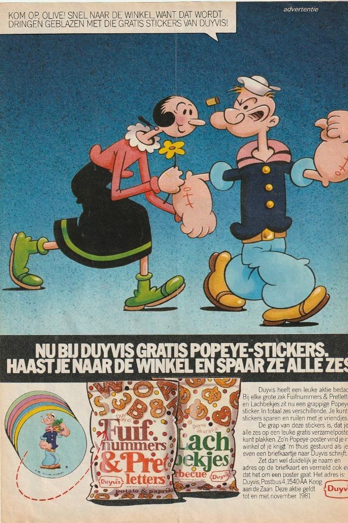 Retro reclame 1981 Duyvis chips pretletters met Popeye, Verzamelen, Retro, Overige typen, Verzenden