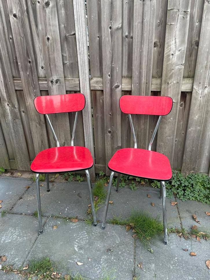Vintage Formica Stoelen - Rood, Huis en Inrichting, Stoelen, Gebruikt, Twee, Metaal, Rood, Ophalen