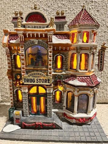 Kerstdorp verlichting apotheek pharmacy evergreen drug store beschikbaar voor biedingen