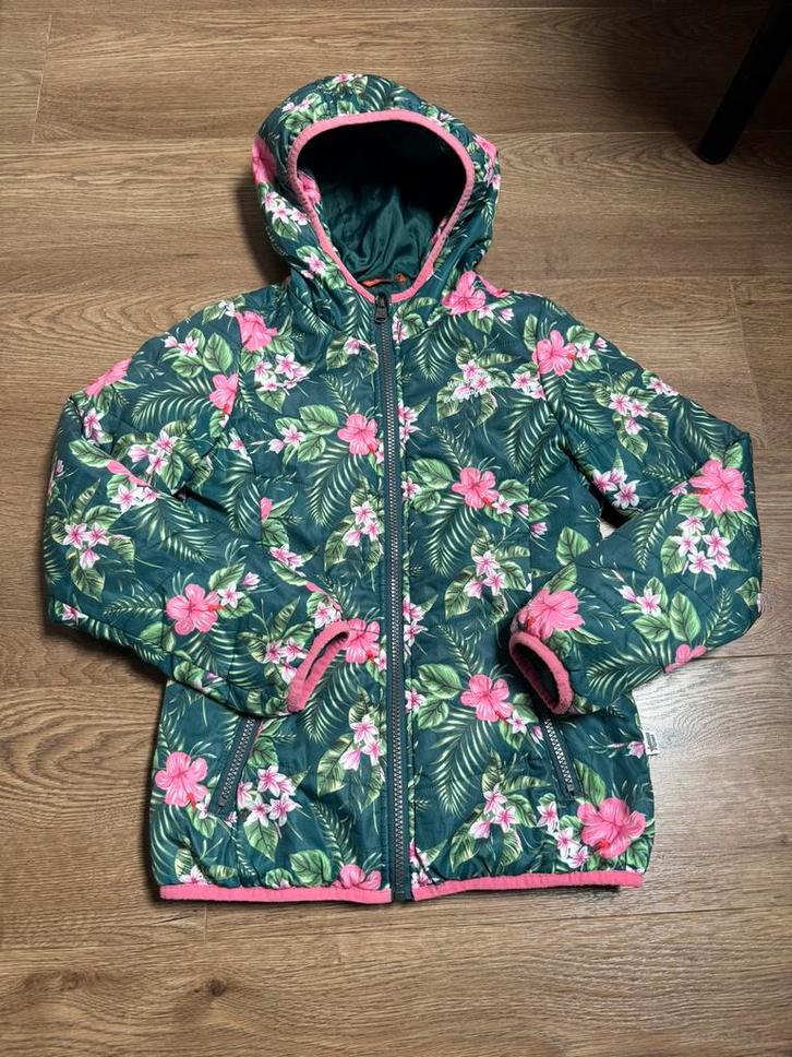 Orange Stars jas / tussenjas maat 140 groen met roze bloemen, Kinderen en Baby's, Kinderkleding | Maat 140, Zo goed als nieuw