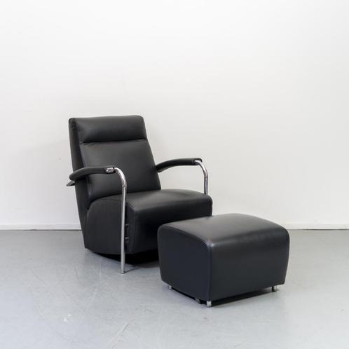 1x Leolux Scylla Fauteuil Hoge Rug Zwart Leer + Hocker, Huis en Inrichting, Fauteuils, Zo goed als nieuw, Leer, Metaal, 50 tot 75 cm