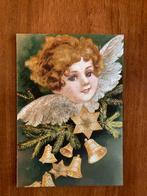 Vintage zilver kerstkaart met engel en klokjes, Ophalen of Verzenden