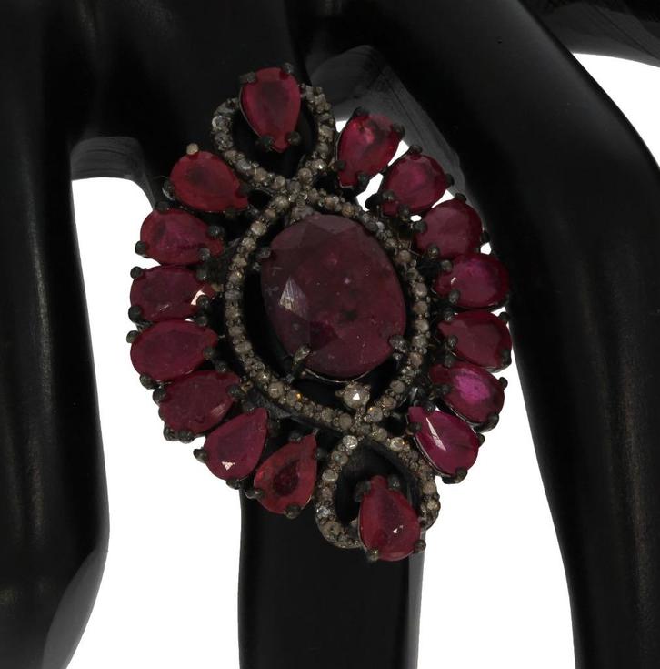 Robijn diamanten luxe antieke vintage ring dames zilver, Sieraden, Tassen en Uiterlijk, Antieke sieraden, Ring, Zilver, Met edelsteen