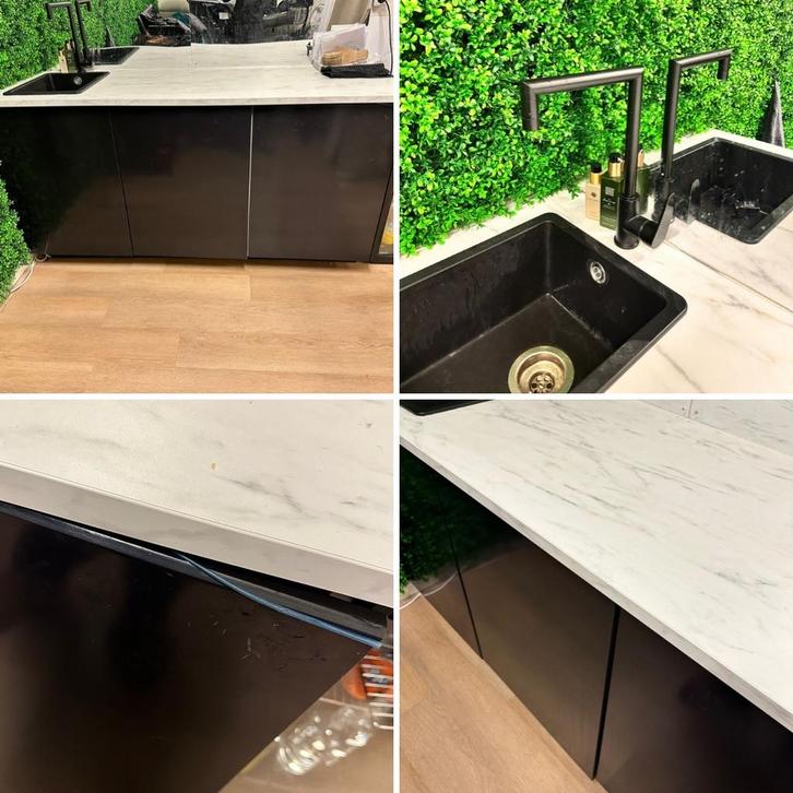 Moderne Zwarte Keuken met Marmerlook Blad, Huis en Inrichting, Keuken | Complete keukens, Zo goed als nieuw, Enkelwandige keuken