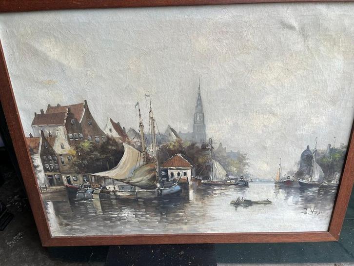 Gesigneerd Schilderij - Havengezicht, Antiek en Kunst, Kunst | Schilderijen | Klassiek, Ophalen of Verzenden