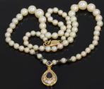 Saffier diamant Akoya parel NEL rapport ketting goud hanger, Ophalen of Verzenden, Goud, Ketting, Met edelsteen