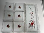 Vintage glazen cake schaal met 6 bordjes, Ophalen of Verzenden