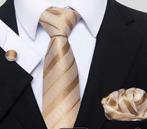 Stropdas Pochet Manchetknopen Handgeweven Goud Beige -NIEUW-, Ophalen of Verzenden, Nieuw, Beige, Met patroon