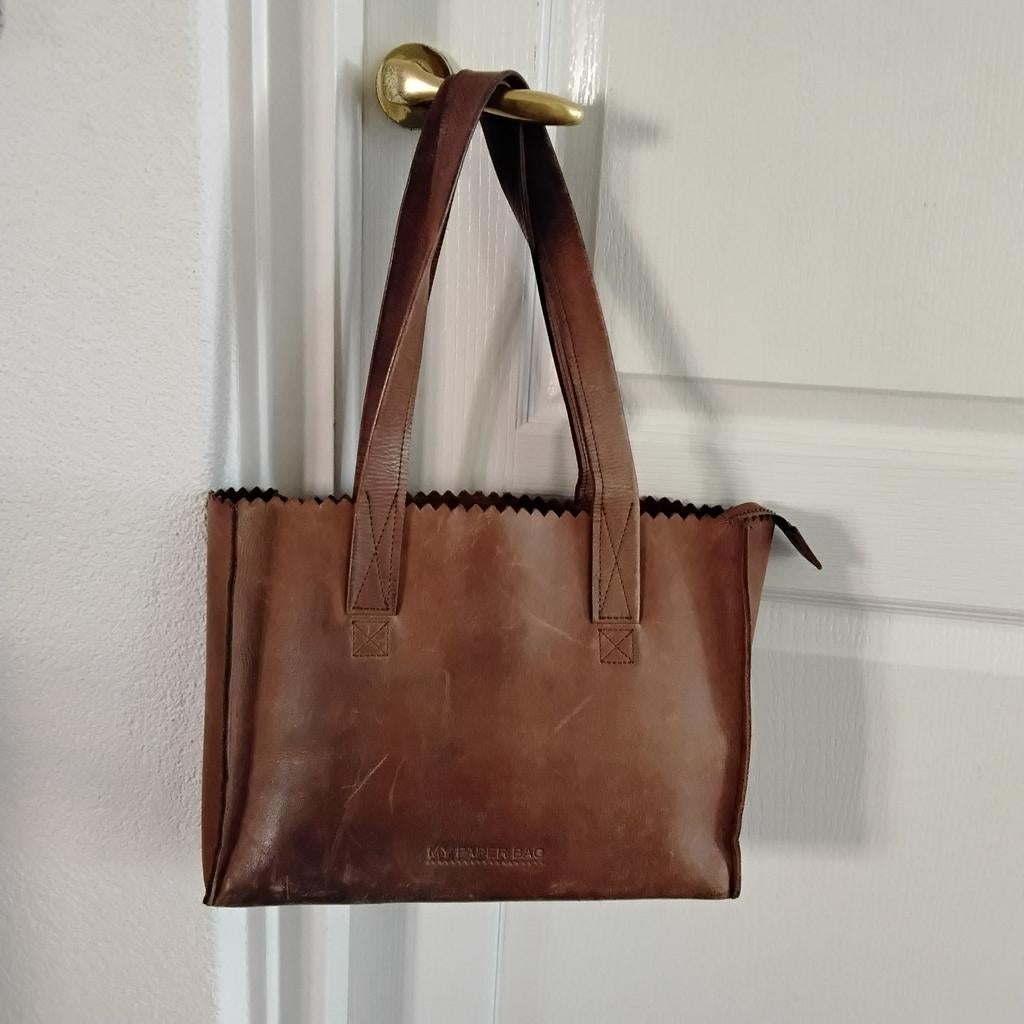 Myomy My paperbag bruine leren tas, Ophalen of Verzenden, Gebruikt, Bruin, Handtas