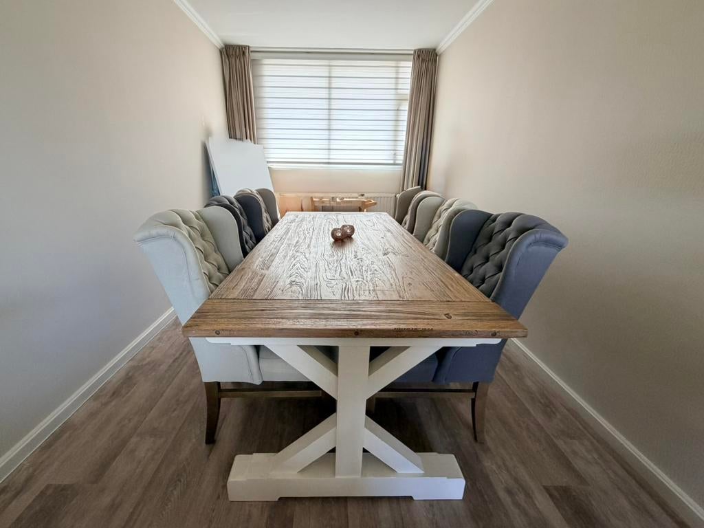 Landelijke eettafel met 6 stoelen en bijzettafel, Ophalen, 100 tot 150 cm, Vijf personen of meer, Rechthoekig