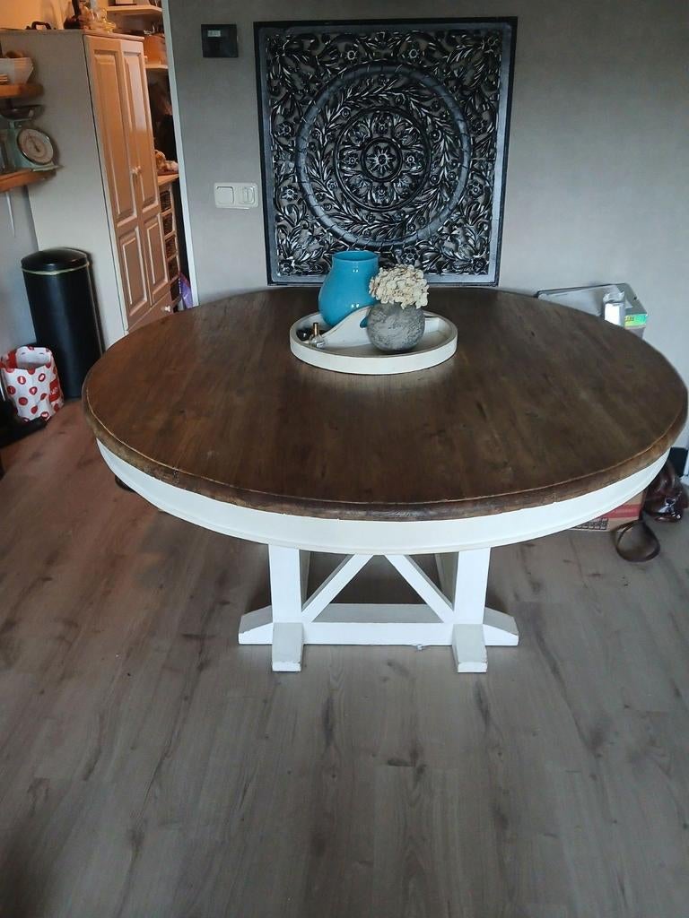 Ronde eettafel met houten blad en wit onderstel, Huis en Inrichting, Tafels | Eettafels, Overige houtsoorten, Gebruikt, Rond, Ophalen of Verzenden