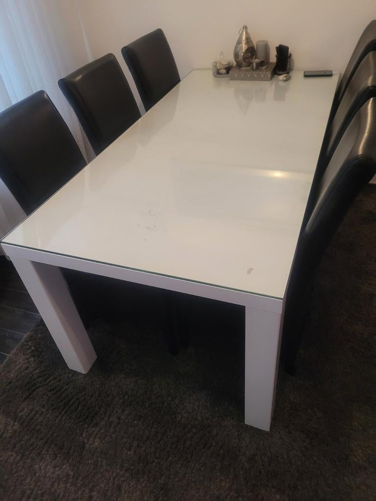 Moderne eettafel met glazen blad en 6 stoelen, Gebruikt, 150 tot 200 cm, Modern, Vier personen