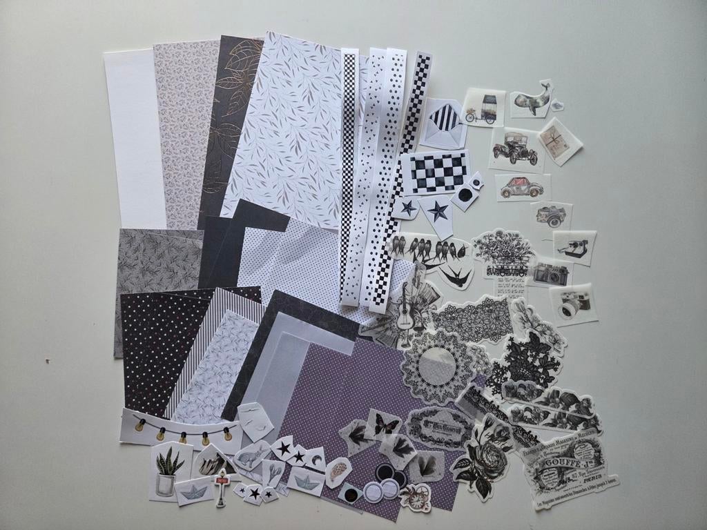 Papier en stickers (zwart/wit) voor journaling en scrapbook, Hobby en Vrije tijd, Scrapbooking, Ophalen of Verzenden, Zo goed als nieuw