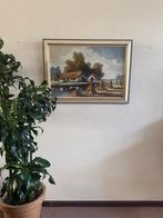 Groot olieverfschilderij B.H. Slotman - Hollands landschap, Ophalen of Verzenden
