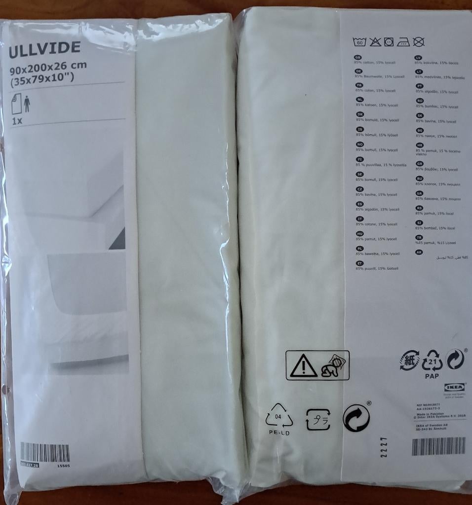 Ikea Ullvide hoeslakens 90/200 - 2 stuks NIEUW, Ophalen, Eenpersoons, Nieuw, Wit