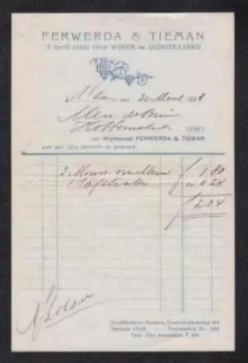 Haarlem Ferwerda en Tieman Wijnen en Gedistilleerd Nota 1938, Verzamelen, Ophalen of Verzenden, Zo goed als nieuw