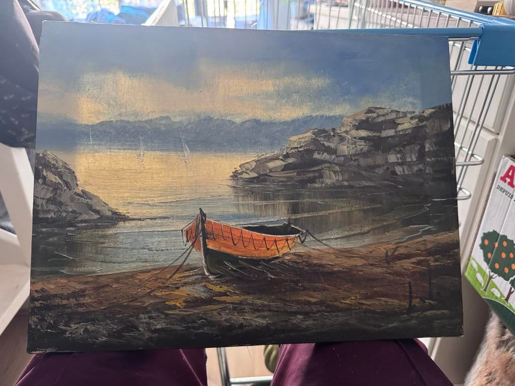 Olieverfschilderij: Rustieke Roeiboot aan Kustlijn, Ophalen of Verzenden