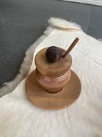 Houten honingpot met lepel en schoteltje, Ophalen of Verzenden