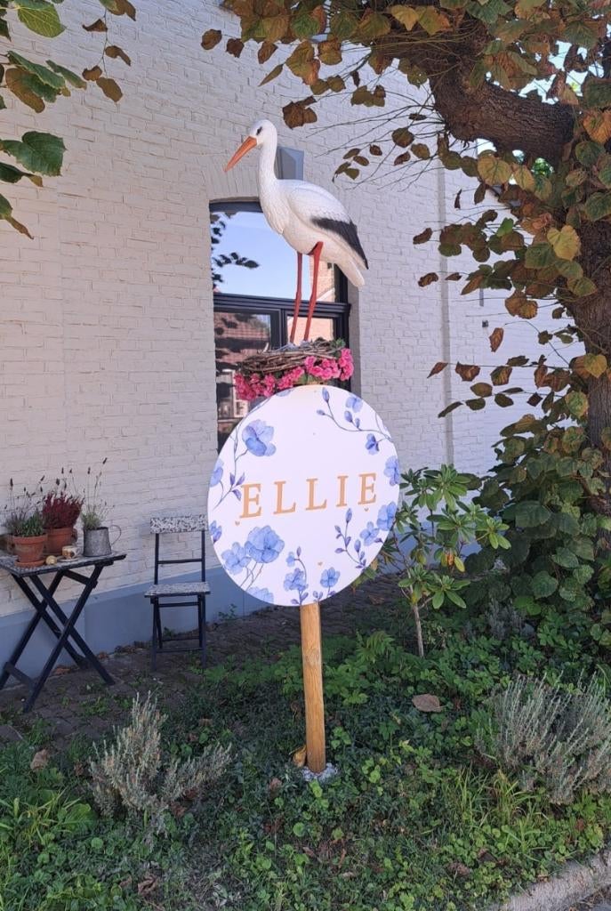 Geboortebord ooievaar, Ophalen, Gebruikt, Geboortebord