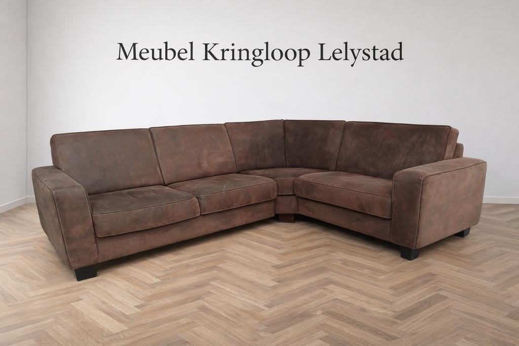 Hoekbank bruin suede 250x190cm, 250 tot 300 cm, ., Hoekbank, Ophalen of Verzenden