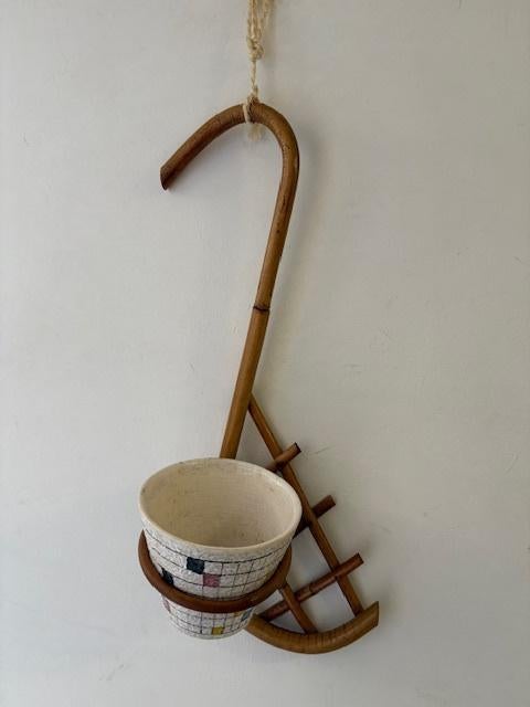 Vintage / retro plantenhanger incl. pot ..... bamboe / rotan, Vintage, Ophalen of Verzenden, Gebruikt