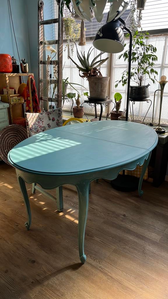 Eettafel turkoois/blauw, brocante, ovaal, 152/222 x 100, Huis en Inrichting, Tafels | Eettafels, Ophalen, Brocante, vintage, klassiek, romantis g