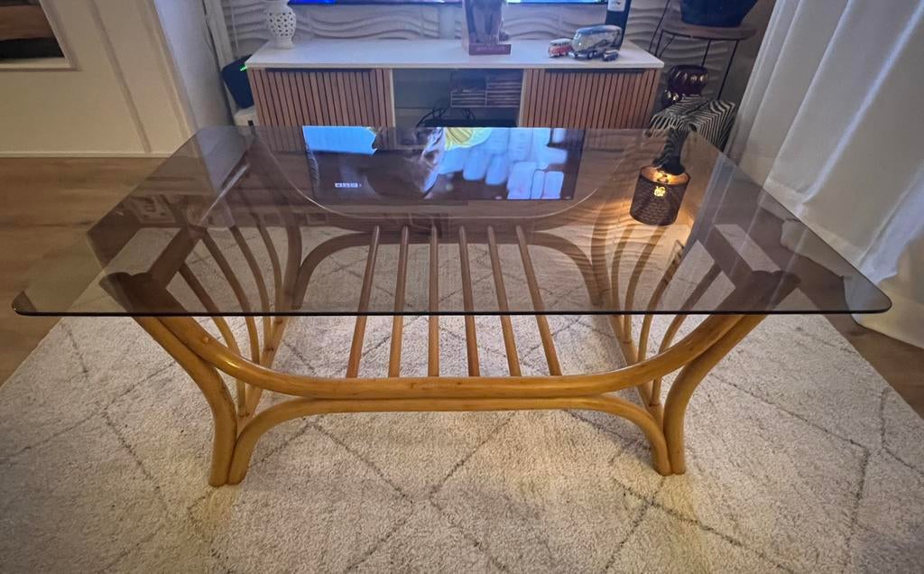 Vintage jaren 70 bamboe salontafel koffietafel rookglas, Ophalen, Gebruikt, 100 tot 150 cm, 50 tot 100 cm