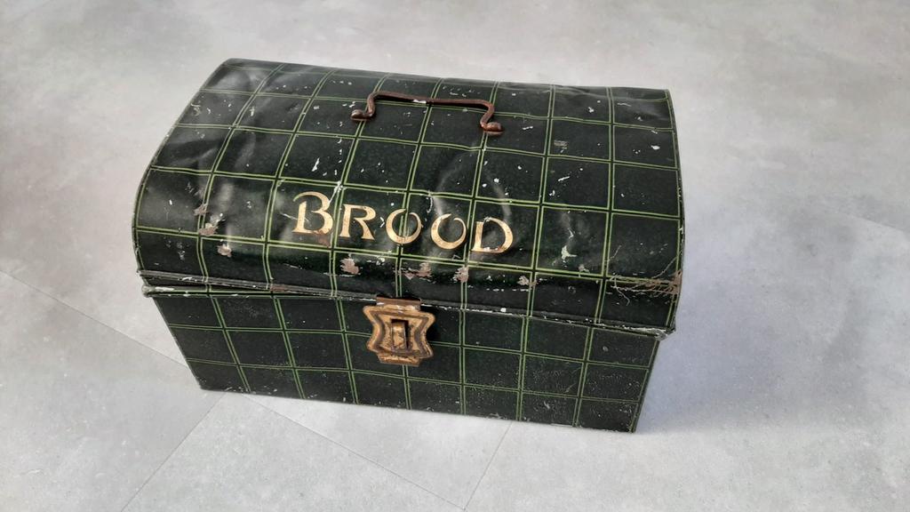 Broodtrommel Jugendstil vintage groen geruit brood blik kist, Antiek en Kunst, Ophalen of Verzenden