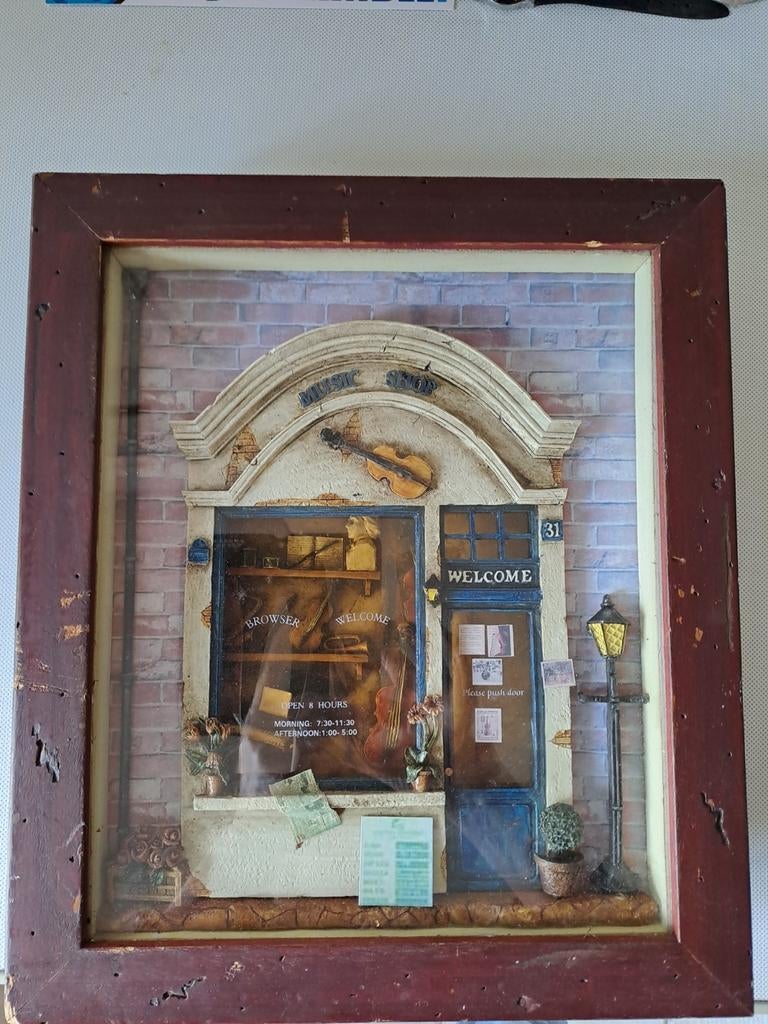 Vintage 3D Muziekwinkel Diorama in Houten Lijst, Antiek en Kunst, Ophalen of Verzenden
