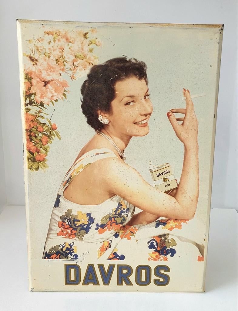 Oud Blikken Reclamebord Display Davros Cigarettes Reclame, Verzenden, Gebruikt, Reclamebord