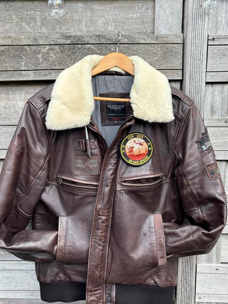 Nickelson leren pilotenjas met bontkraag, Ophalen of Verzenden, Gedragen, Maat 56/58 (XL), Bruin