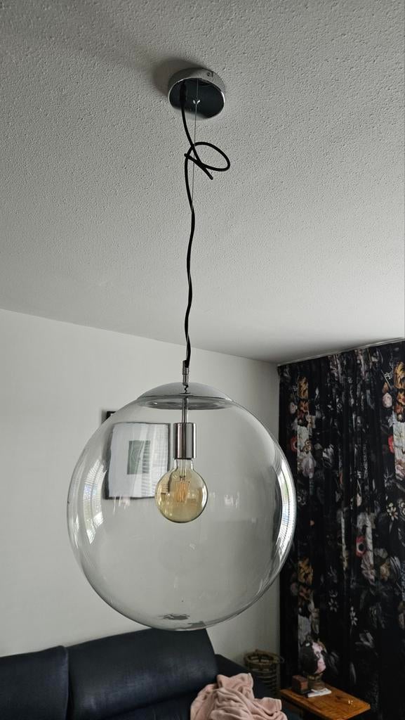 Set van 2 Hanglampen met Glazen Bollen (Chroom & Koper), Ophalen, Modern, Industrieel, Zo goed als nieuw, Glas