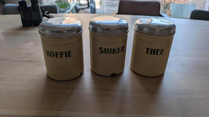 Vintage emaille voorraadpotten: Koffie, Suiker, Thee, Antiek en Kunst, Antiek | Emaille, Ophalen of Verzenden