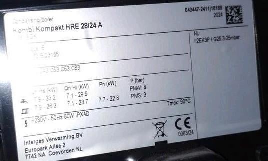 Intergas HRE 28/24 A 25.03.2025 geplaatst-bon aanwezig🚿CW4, Doe-het-zelf en Verbouw, Verwarming en Radiatoren, Ophalen, Gebruikt