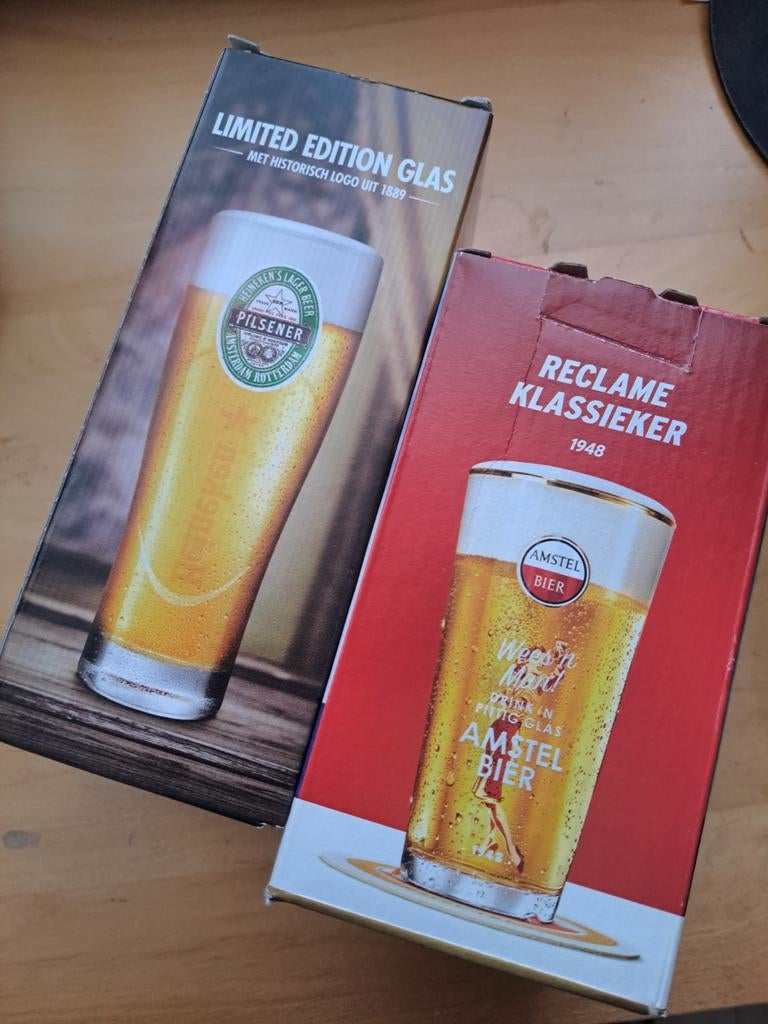 Amstel Bier en heineken Pilsener Glazen - Nieuw in Doos, Tweede Weteringplantsoen 21, 1017 ZD Amsterdam (Heineken) / Brouwerslaan 1, 7548 XA Enschede (Grolsch)