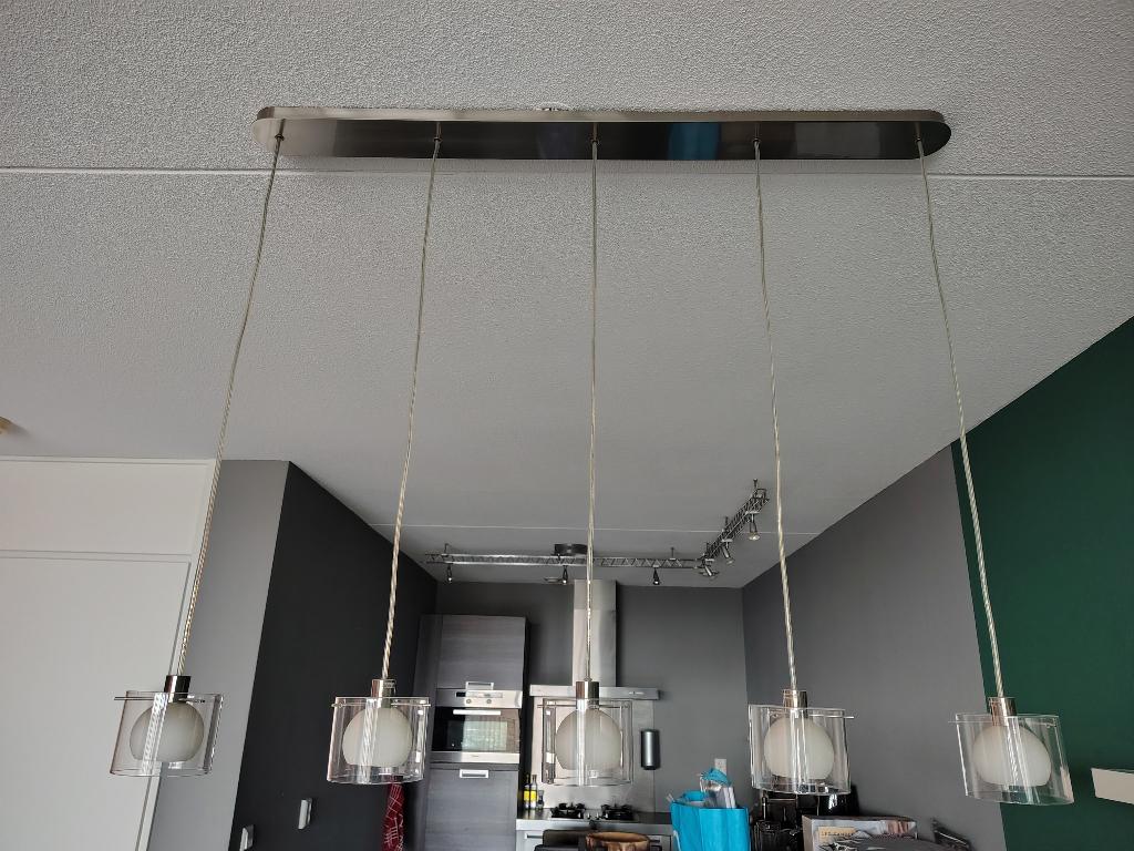 Modern Hanglamp–5 Lichtpunten–Zilver met Glazen Kokers, Huis en Inrichting, Lampen | Hanglampen, Ophalen, Gebruikt, Glas, 75 cm of meer