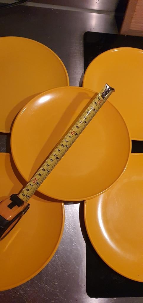 5 Retro Mepal bordjes geel, 21 cm diameter, Overige materialen, Gebruikt, Ophalen of Verzenden, Bord(en)