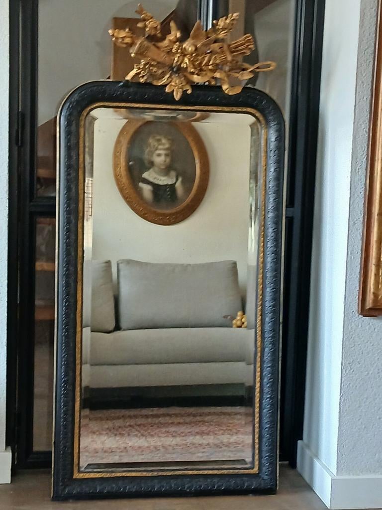 Grote Stijlvolle Antieke Franse Spiegel Kuifspiegel, Ophalen, Rechthoekig, 50 tot 100 cm